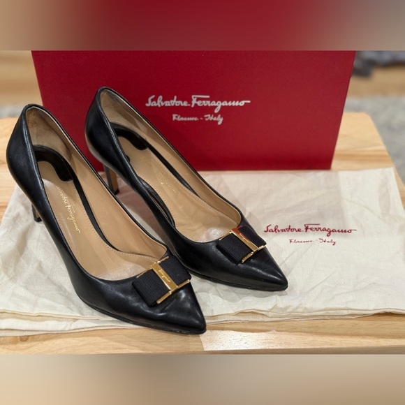 Salvatore Ferragamo Shoes - Salvatore Ferragamo Black Heels with Gold Accent